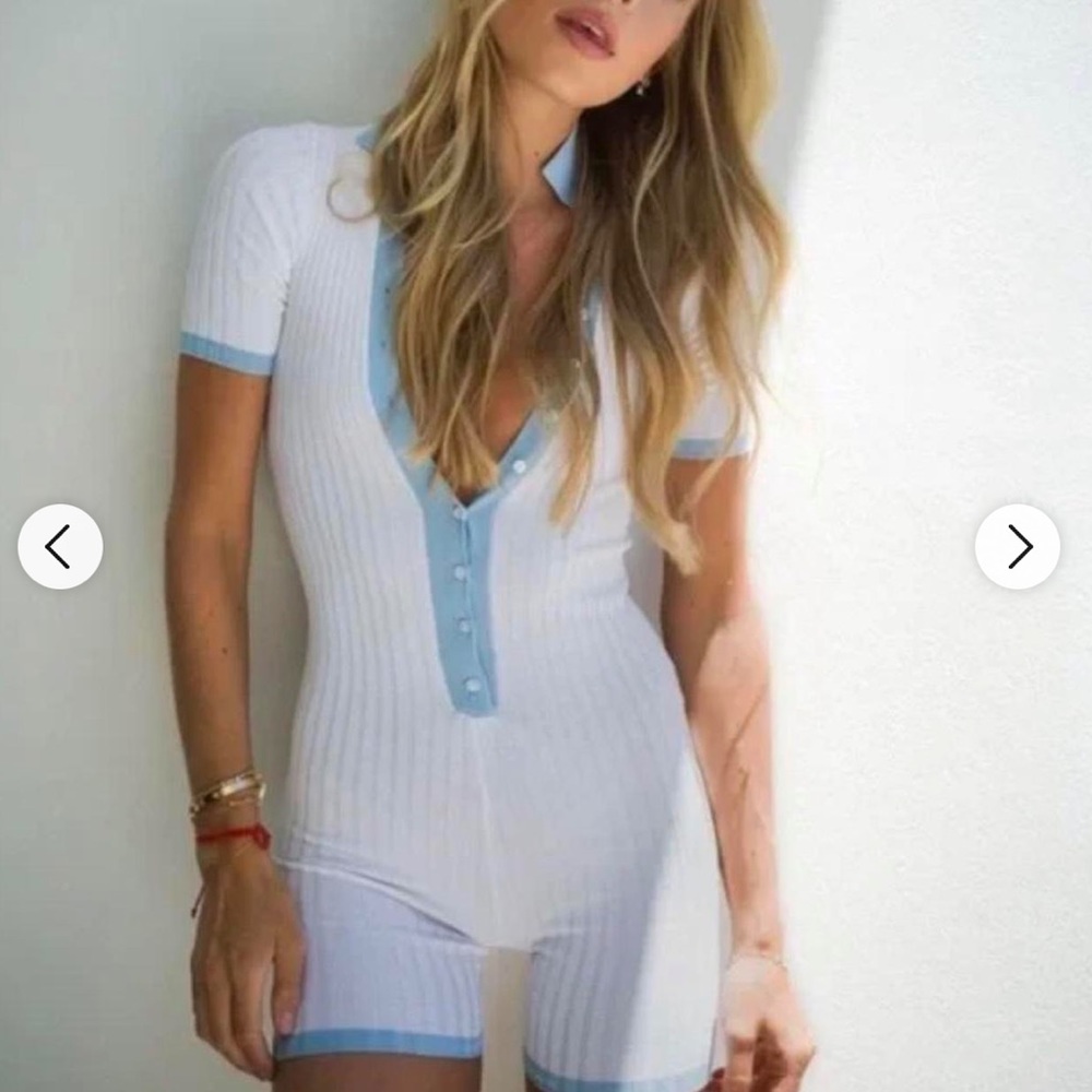 Aya Muse White Ribbed Short Romper with Blue Contrast Trim